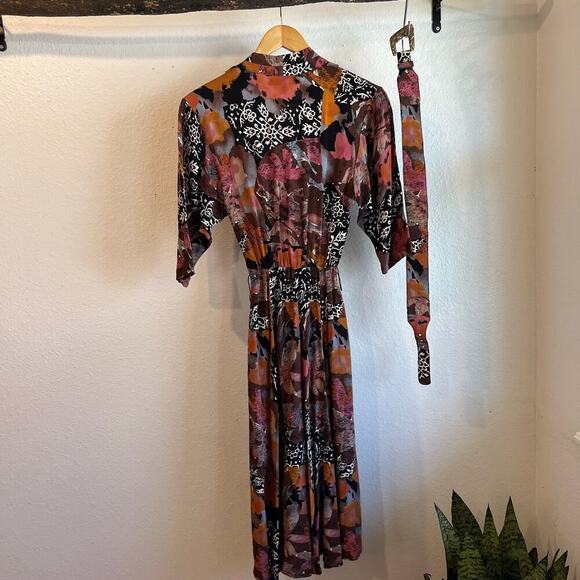 D' Lim Vintage Abstract Pink Floral Long Sleeve Dress with Belt Pockets Size XS - Picture 5 of 16